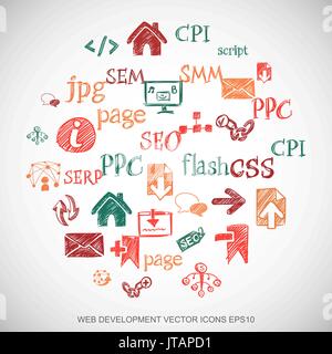 Multicolor doodles Hand Drawn Site Development Icons set on White. EPS10 vector illustration. Stock Vector