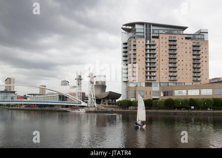 Salford Quays is an area of Salford, Greater Manchester, England, near the end of the Manchester Ship Canal. Previously the site of Manchester Docks Stock Photo