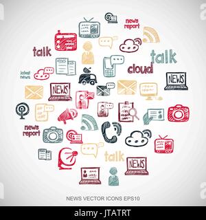 Multicolor doodles Hand Drawn News Icons set on White. EPS10 vector illustration. Stock Vector