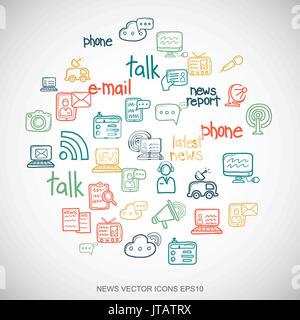Multicolor doodles Hand Drawn News Icons set on White. EPS10 vector illustration. Stock Vector