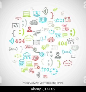Multicolor doodles Hand Drawn Programming Icons set on White. EPS10 vector illustration. Stock Vector