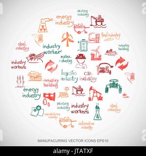 Multicolor doodles Hand Drawn Industry Icons set on White. EPS10 vector illustration. Stock Vector