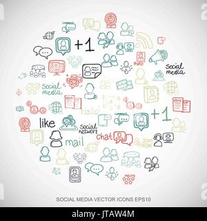 Multicolor doodles Hand Drawn Social Network Icons set on White. EPS10 vector illustration. Stock Vector