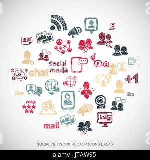 Multicolor doodles Hand Drawn Social Network Icons set on White. EPS10 vector illustration. Stock Vector