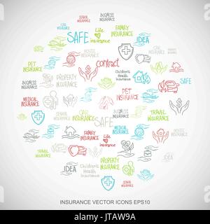 Multicolor doodles Hand Drawn Insurance Icons set on White. EPS10 vector illustration. Stock Vector