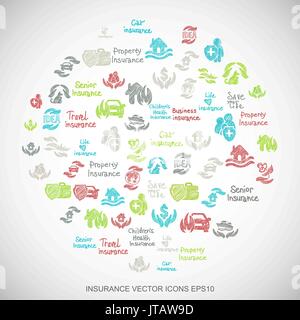 Multicolor doodles Hand Drawn Insurance Icons set on White. EPS10 vector illustration. Stock Vector