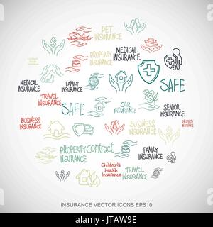Multicolor doodles Hand Drawn Insurance Icons set on White. EPS10 vector illustration. Stock Vector