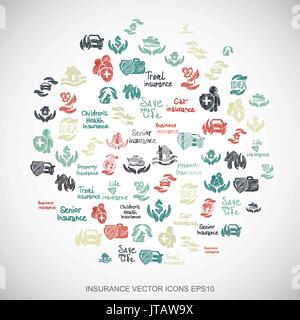 Multicolor doodles Hand Drawn Insurance Icons set on White. EPS10 vector illustration. Stock Vector