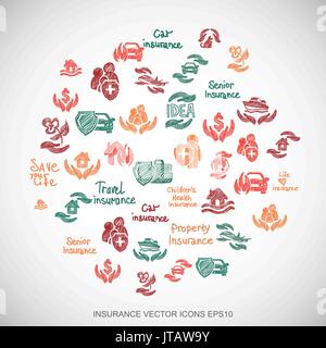 Multicolor doodles Hand Drawn Insurance Icons set on White. EPS10 vector illustration. Stock Vector