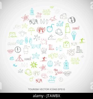 Multicolor doodles Hand Drawn Vacation Icons set on White. EPS10 vector illustration. Stock Vector