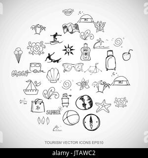 Black doodles Hand Drawn Vacation Icons set on White. EPS10 vector illustration. Stock Vector