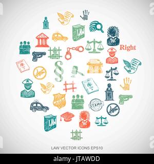 Multicolor doodles Hand Drawn Law Icons set on White. EPS10 vector illustration. Stock Vector