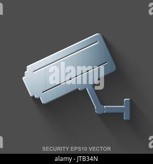 Flat metallic privacy 3D icon. Polished Steel Cctv Camera on Gray background. EPS 10, vector. Stock Vector