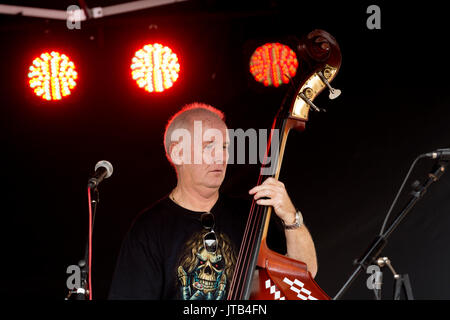 Double bass player in a rock and roll band, UK Stock Photo