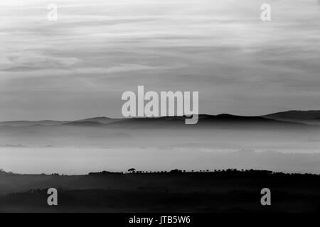 A view of some trees on top of a hill with a background of fog and distant mountains Stock Photo