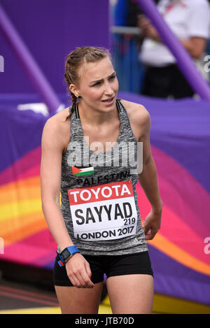 Mayada Sayyad of Palestine crossing the finish line at the end of the IAAF World Championships 2017 Marathon race in London, UK Stock Photo