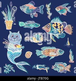 Sketch style outline ornamental fishes, plants and mermaid illustrations with glowing effect Stock Vector