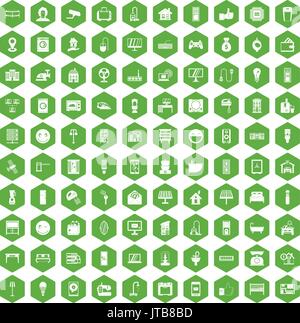 100 smart house icons hexagon green Stock Vector