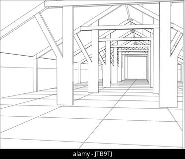 Industrial building constructions indoor. Tracing illustration of 3d Stock Vector