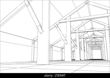 Industrial building constructions indoor. Tracing illustration of 3d Stock Vector
