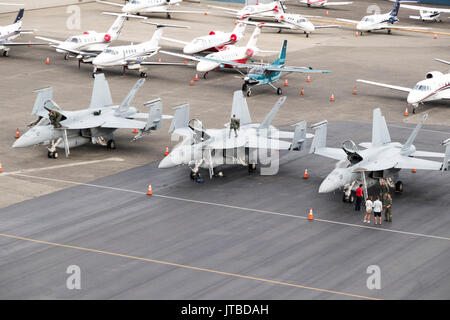 Boeing F/A-18E/F Super Hornets of the US Navy Strike Fighter Squadron 143 (VFA-143), also known as the 'Pukin Dogs', at Boeing Field, Seattle, WA, USA Stock Photo