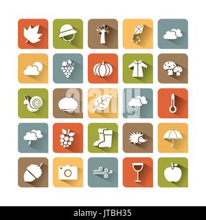 Autumn icon set on colored squares with shade Stock Vector