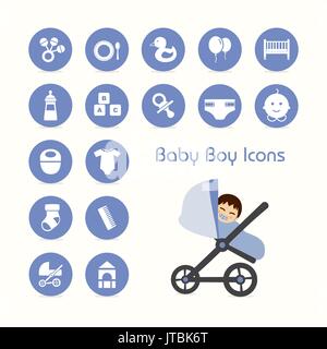 Baby boy on stroller and icons set Stock Vector
