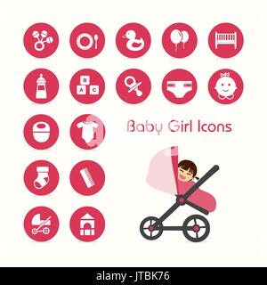 Baby girl on stroller icons set Stock Vector