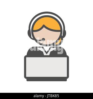 Call center agent icon with blond hair and a computer Stock Vector