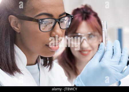 Professional young scientists in eyeglasses looking at test tube with reagent in chemical laboratory Stock Photo