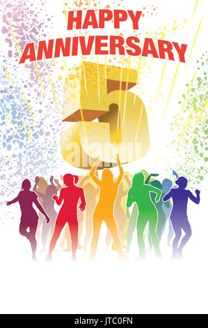 Colorful crowd of dancing people celebrating fifth anniversary Stock Vector