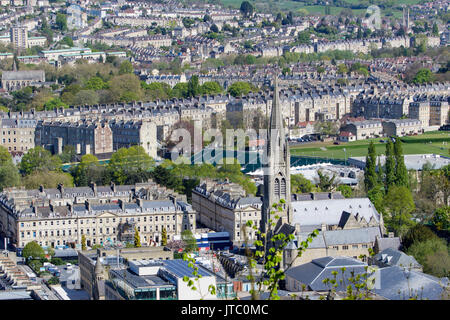 Landscape view of the city of Bath viewed from Alexandra Park showing the Bath rugby club Recreation Ground stadium. Stock Photo