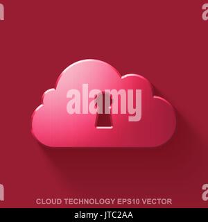 Flat metallic cloud computing 3D icon. Red Glossy Metal Cloud With Keyhole on Red background. EPS 10, vector. Stock Vector