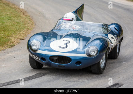 1956 Jaguar D-Type 'Long Nose' Ecurie Ecosse Le Mans endurance racer with driver Quirina Louwman at the 2017 Goodwood Festival of Speed, Sussex, UK. Stock Photo