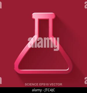 Flat metallic Science 3D icon. Red Glossy Metal Flask on Red background. EPS 10, vector. Stock Vector