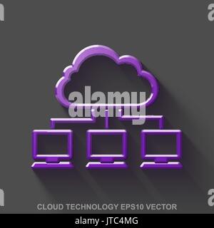 Flat metallic cloud computing 3D icon. Purple Glossy Metal Cloud Network on Gray background. EPS 10, vector. Stock Vector