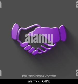 Flat metallic politics 3D icon. Purple Glossy Metal Handshake on Gray background. EPS 10, vector. Stock Vector