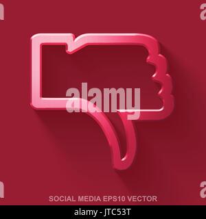Flat metallic social network 3D icon. Red Glossy Metal Thumb Down on Red background. EPS 10, vector. Stock Vector