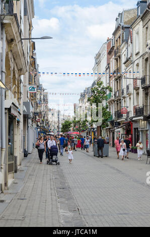 Shops and cafes lining the Grande Rue high street in the centre of Dieppe, the French port town in Normandy, Northern France Stock Photo