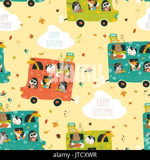 Animals seamless pattern traveling by bus Stock Vector