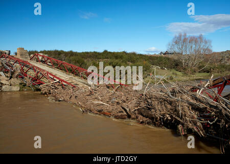 Historic Suspension Bridge over Taieri River, Sutton, Otago, South Island, New Zealand (destroyed in 2017 flood) Stock Photo