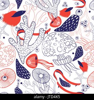 Seamless beautiful sea pattern from coral and jellyfish on a white background Stock Vector