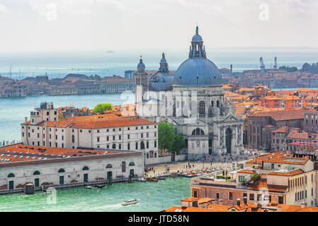 Panoramic view of Venice from the Campanile tower of St. Mark's Cathedral.Temple San Giorgio Maggiore (Chiesa di San Giorgio Maggiore), located on isl Stock Photo