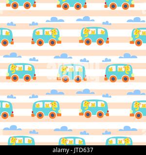 Cat family in hipster van vector illustration for kid apparel. Stock Vector