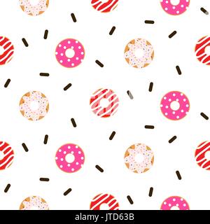 Donut pink glazed seamless vector pattern. Stock Vector