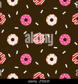 Donut pink glazed seamless chocolate vector pattern. Stock Vector