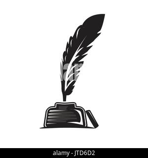 feather and ink pot illustration, icon design, isolated on white background. Stock Vector