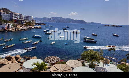 America; Mexico; Guerrero; Acapulco city; zona traditional; view over the bay from the Hotel Boca Chica Beach Stock Photo