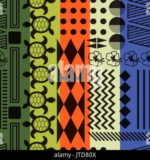 Multicolored striped aloha ornament seamless vector pattern. Colorful vertical tileable tribe background with triangles, lines, hibiscus and turtle el Stock Vector