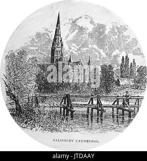 A Victorian wooden footbridge near Salisbury Cathedral, England (with a man fishing with fishing rod from it) Stock Photo